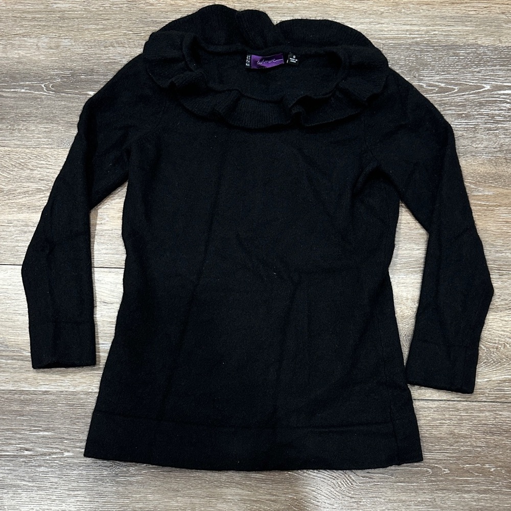 Saks Fifth Avenue 100% Cashmere Black Ruffle Neck Sweater